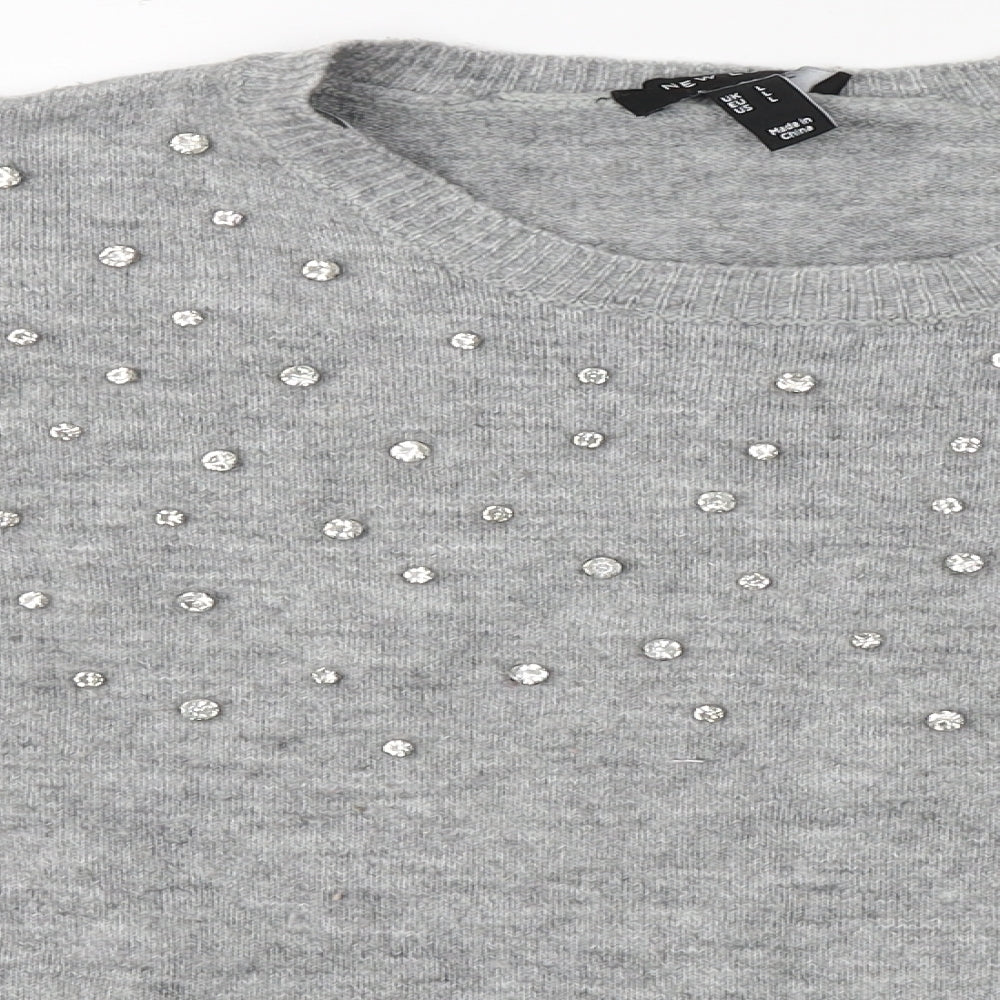 New Look Womens Grey  Acrylic Basic Blouse Size L Round Neck - jewl detail