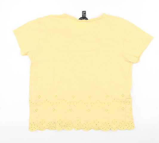 New Look Womens Yellow Floral Cotton Jersey T-Shirt Size 8 Round Neck