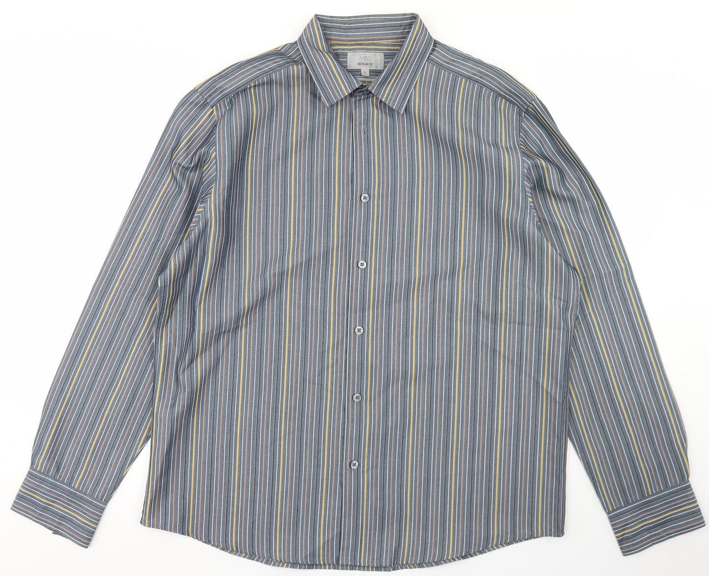 Marks and Spencer Mens Blue Striped Polyester  Button-Up Size L Collared Button