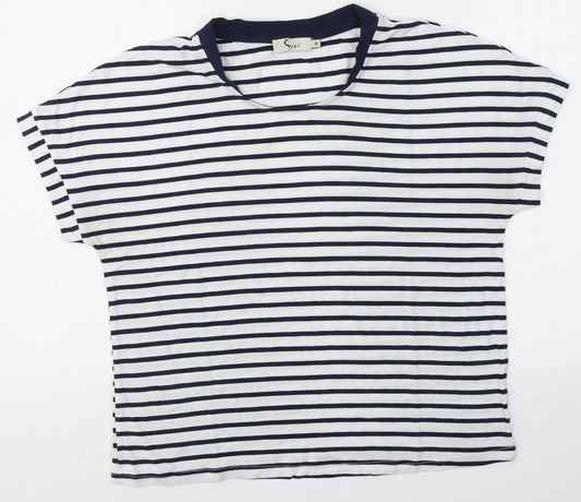 Oxxyzen Womens White Striped Polyester Basic T-Shirt Size M Round Neck