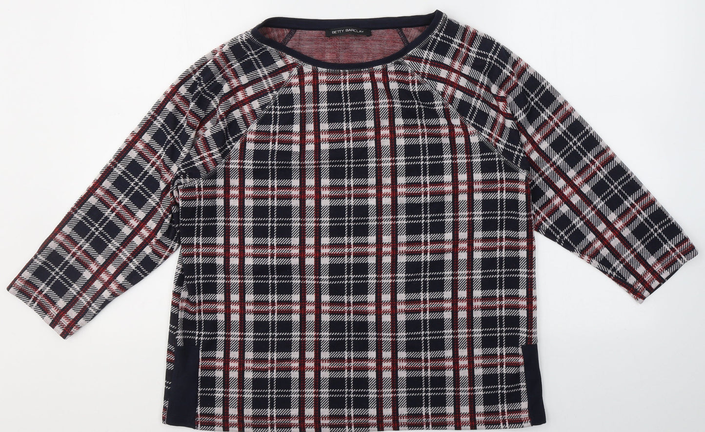 Betty Barclay Womens Blue Plaid Cotton Basic Blouse Size 12 Round Neck