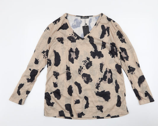 Sheilay Womens Brown Round Neck Animal Print Polyester Pullover Jumper Size L