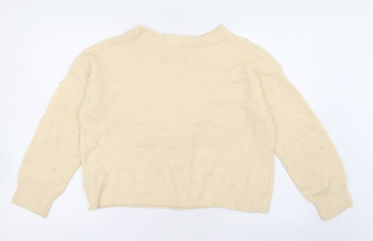 h7m Womens Ivory Crew Neck  Acrylic Pullover Jumper Size S   - Beads