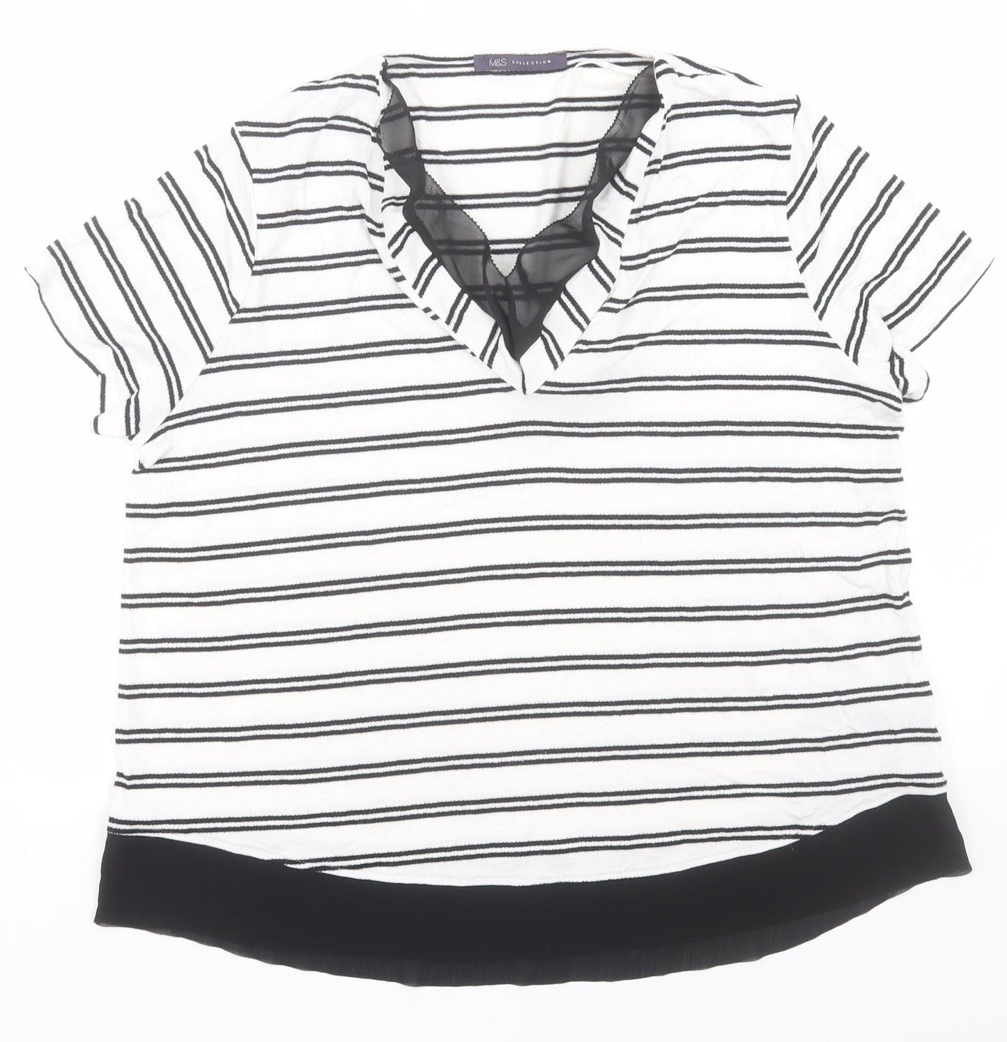Marks and Spencer Womens White Striped Viscose Basic T-Shirt Size 14 V-Neck