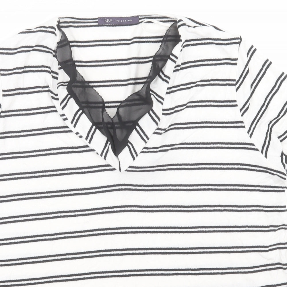 Marks and Spencer Womens White Striped Viscose Basic T-Shirt Size 14 V-Neck