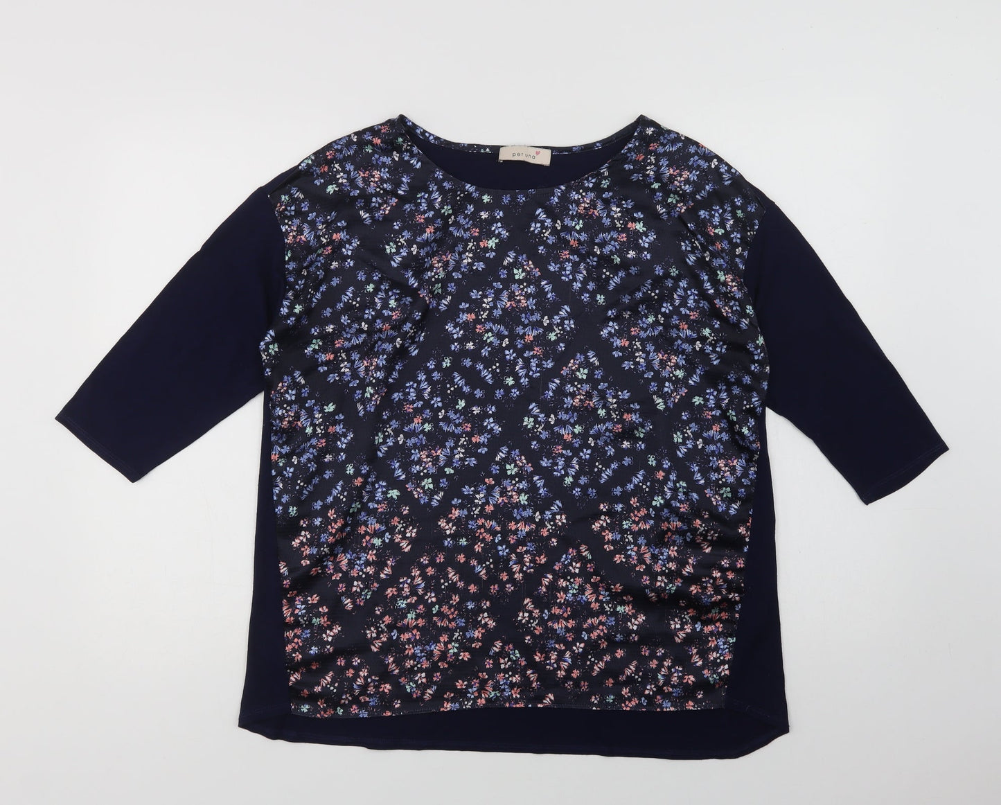 Per Una Womens Blue Floral Viscose Basic Blouse Size 14 Crew Neck