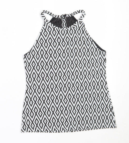 Candy Couture Girls Black Geometric Polyester Basic Tank Size 12-13 Years Round Neck Button