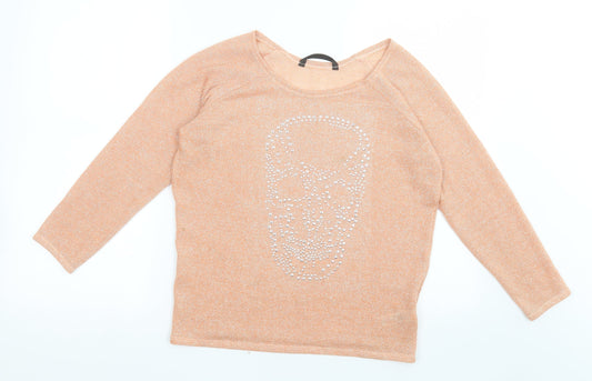 Dunnes Stores Womens Orange Scoop Neck  Polyester Pullover Jumper Size M   - Skull