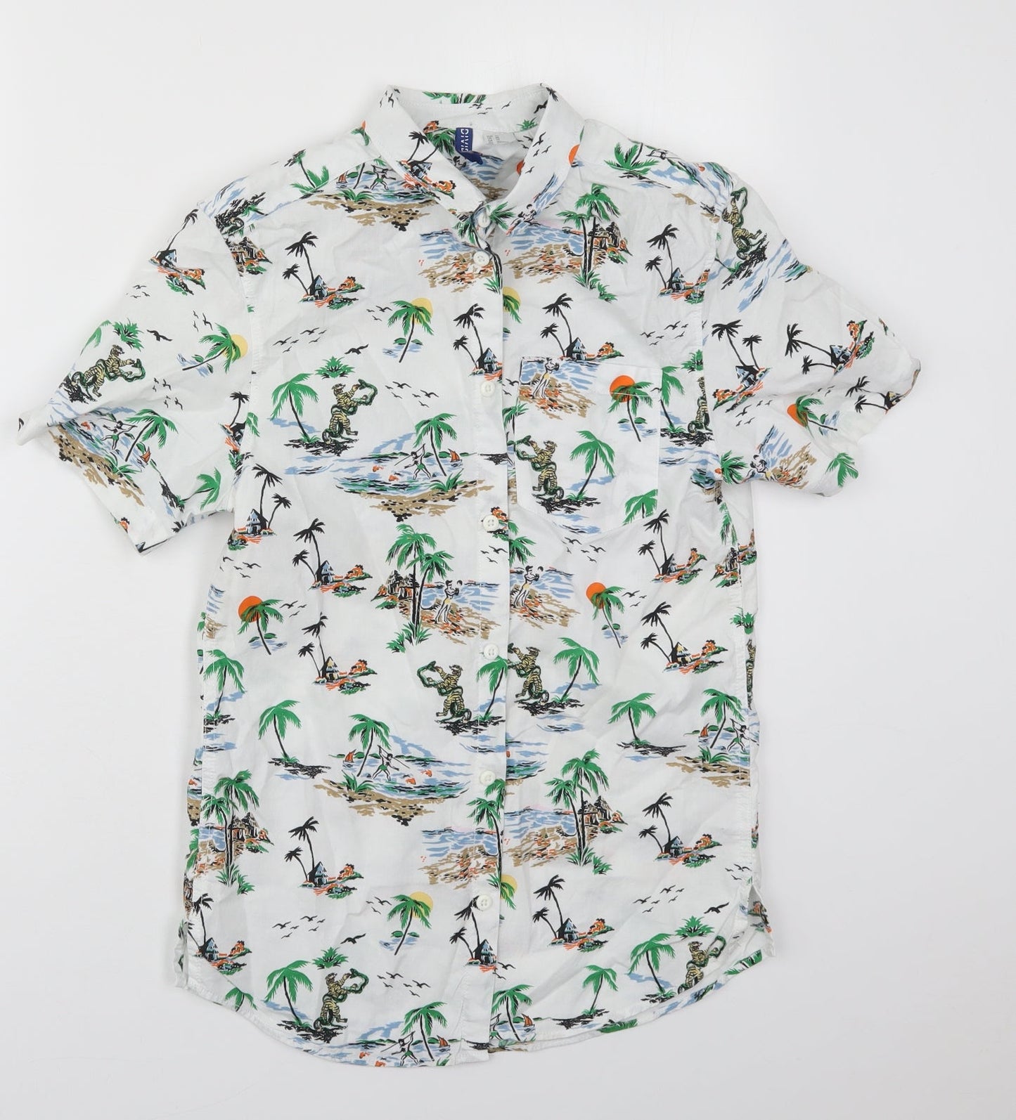 H&M Mens White  Cotton  Button-Up Size XS Collared Button - Beach Prints