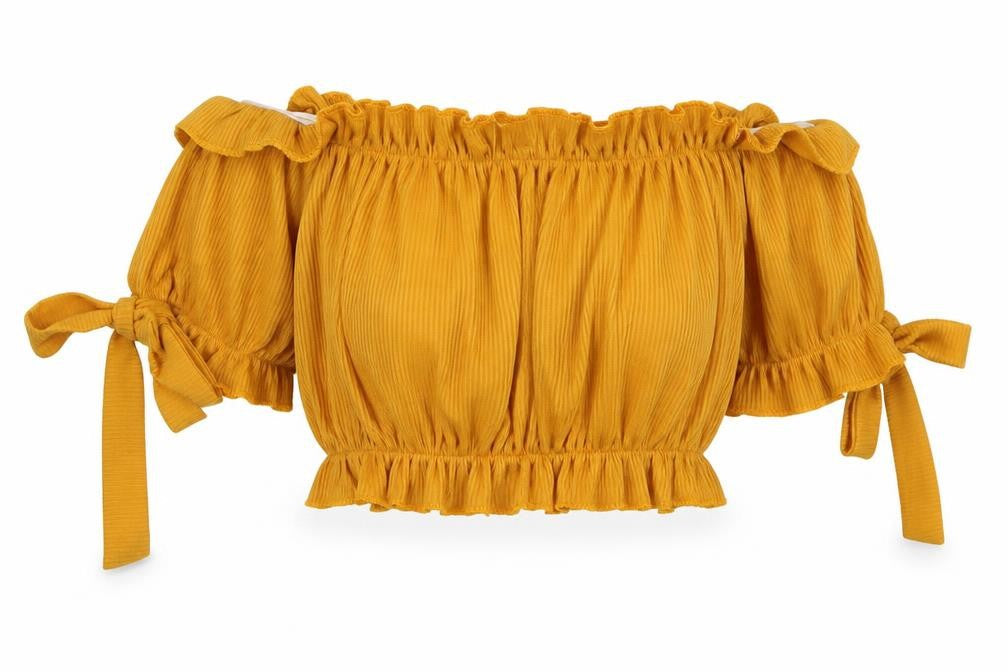 PRETTYLITTLETHING Womens Yellow  Polyester Cropped Blouse Size 4 Off the Shoulder