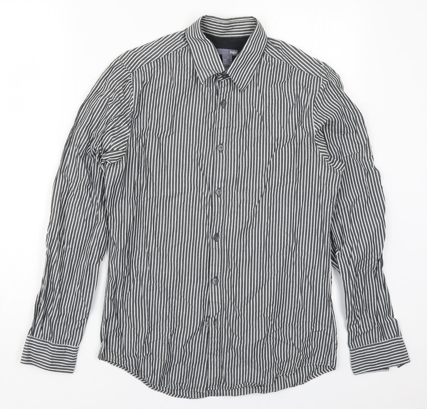 H&M Mens Grey Striped Cotton  Button-Up Size S Collared Button