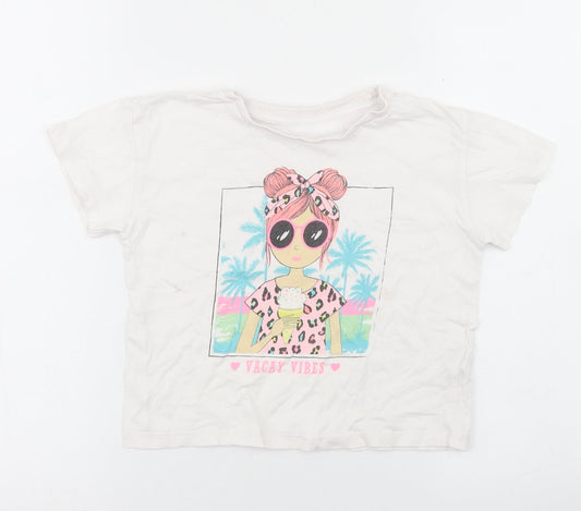 Dunnes Stores Girls White  Cotton Cropped T-Shirt Size 5-6 Years Crew Neck  - Vacay Vibes