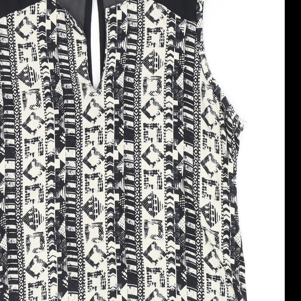 NEXT Womens Black Geometric Viscose Basic T-Shirt Size 12 V-Neck