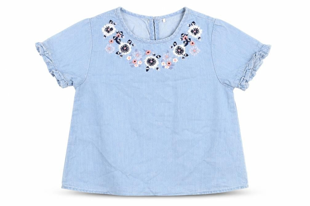 George Girls Blue  100% Cotton Basic Blouse Size 6-7 Years Round Neck Button - Flower embroidery