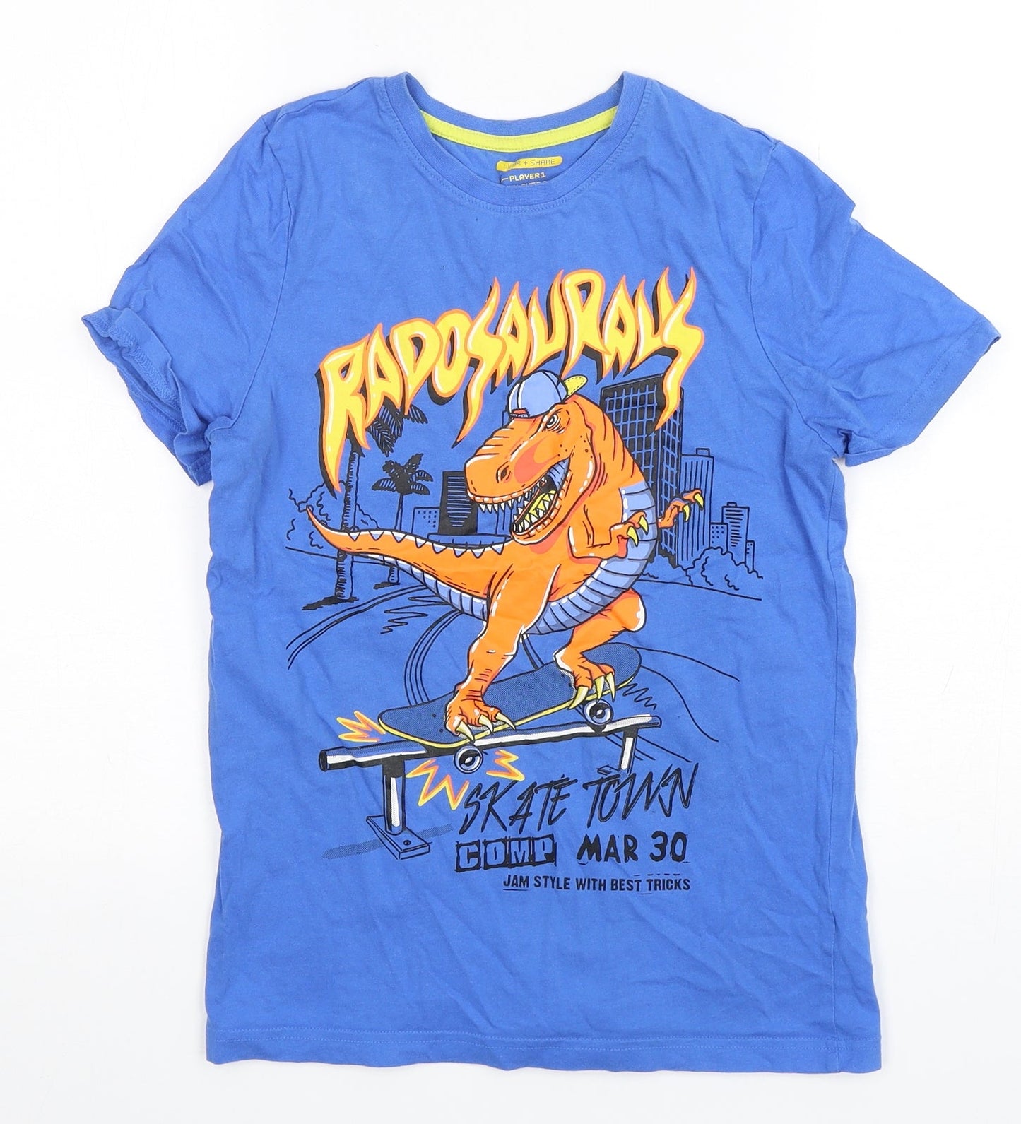 F&F Boys Blue  Cotton Basic T-Shirt Size 11-12 Years Round Neck Pullover - Dinosaur Print