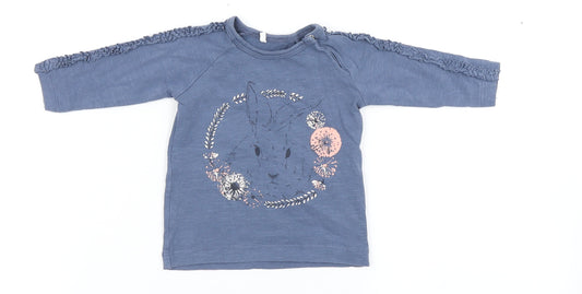 name it Girls Blue  Cotton Basic T-Shirt Size 0-3 Months Round Neck Snap - Bunny