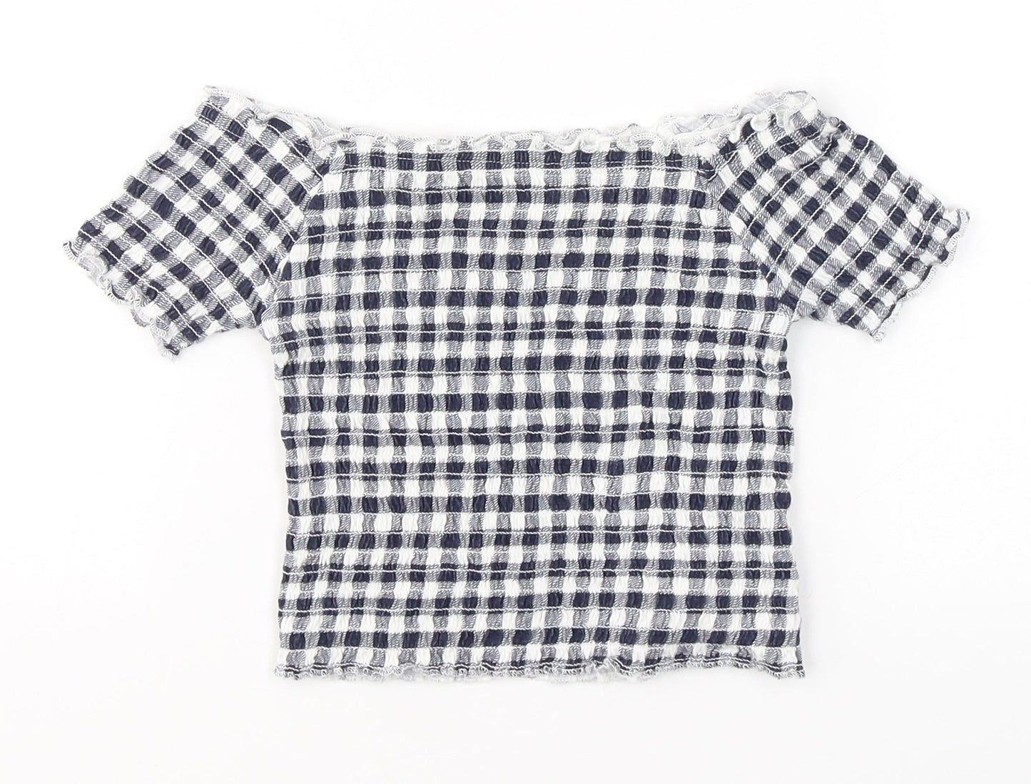 Primark Girls Blue Check Cotton Basic T-Shirt Size 6-7 Years Boat Neck