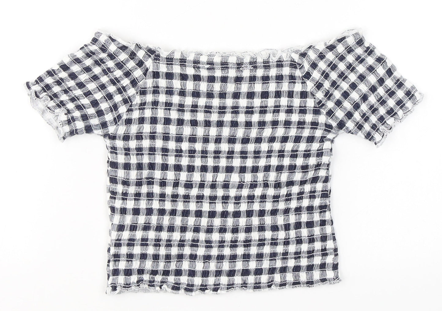 Primark Girls Blue Check Cotton Basic T-Shirt Size 6-7 Years Boat Neck