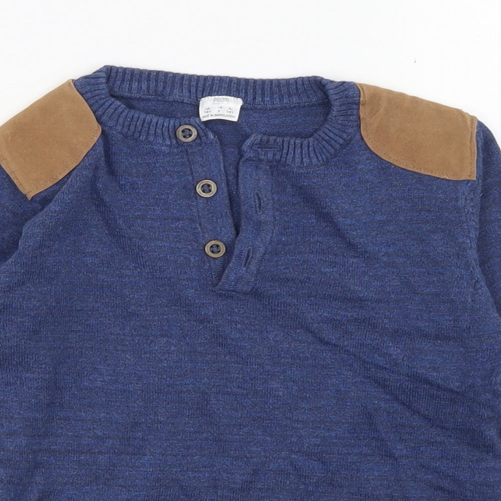 F&F Boys Blue Henley  Cotton Pullover Jumper Size 5-6 Years