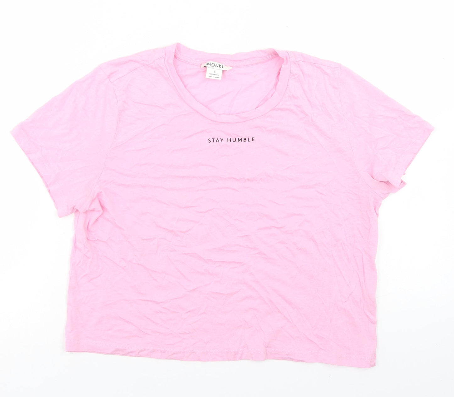Monki Womens Pink  Cotton Cropped T-Shirt Size S Crew Neck - Stay Humble