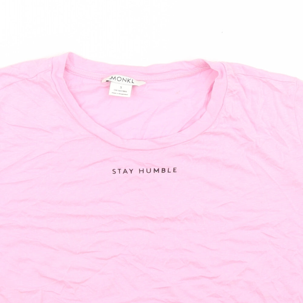 Monki Womens Pink  Cotton Cropped T-Shirt Size S Crew Neck - Stay Humble
