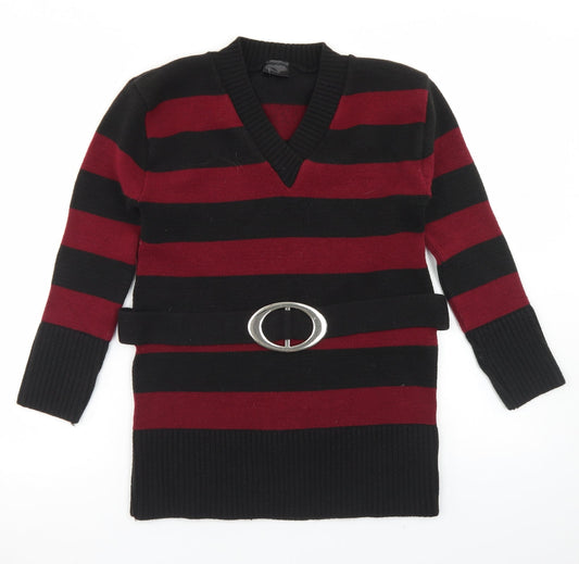 Etiquette Womens Red V-Neck Striped Acrylic Pullover Jumper Size XL