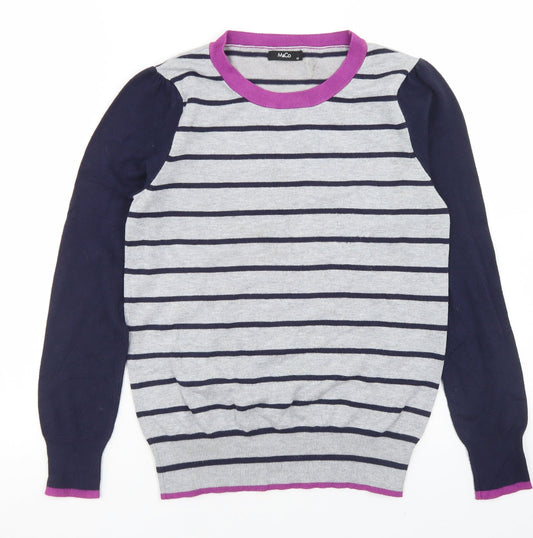 M&Co Womens Grey Crew Neck Striped Acrylic Pullover Jumper Size 12