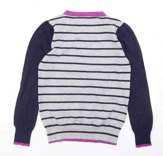 M&Co Womens Grey Crew Neck Striped Acrylic Pullover Jumper Size 12
