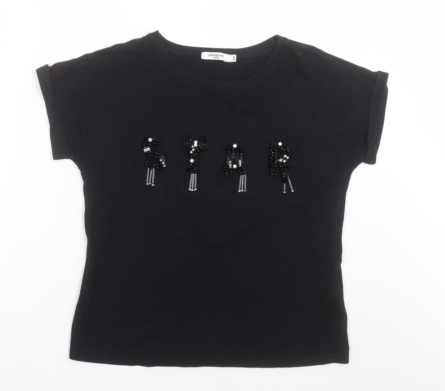 sweewe Womens Black  Cotton Basic T-Shirt Size S Crew Neck - Star