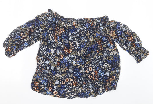 Stradivarius Womens Blue Floral Viscose Basic Blouse Size S Off the Shoulder