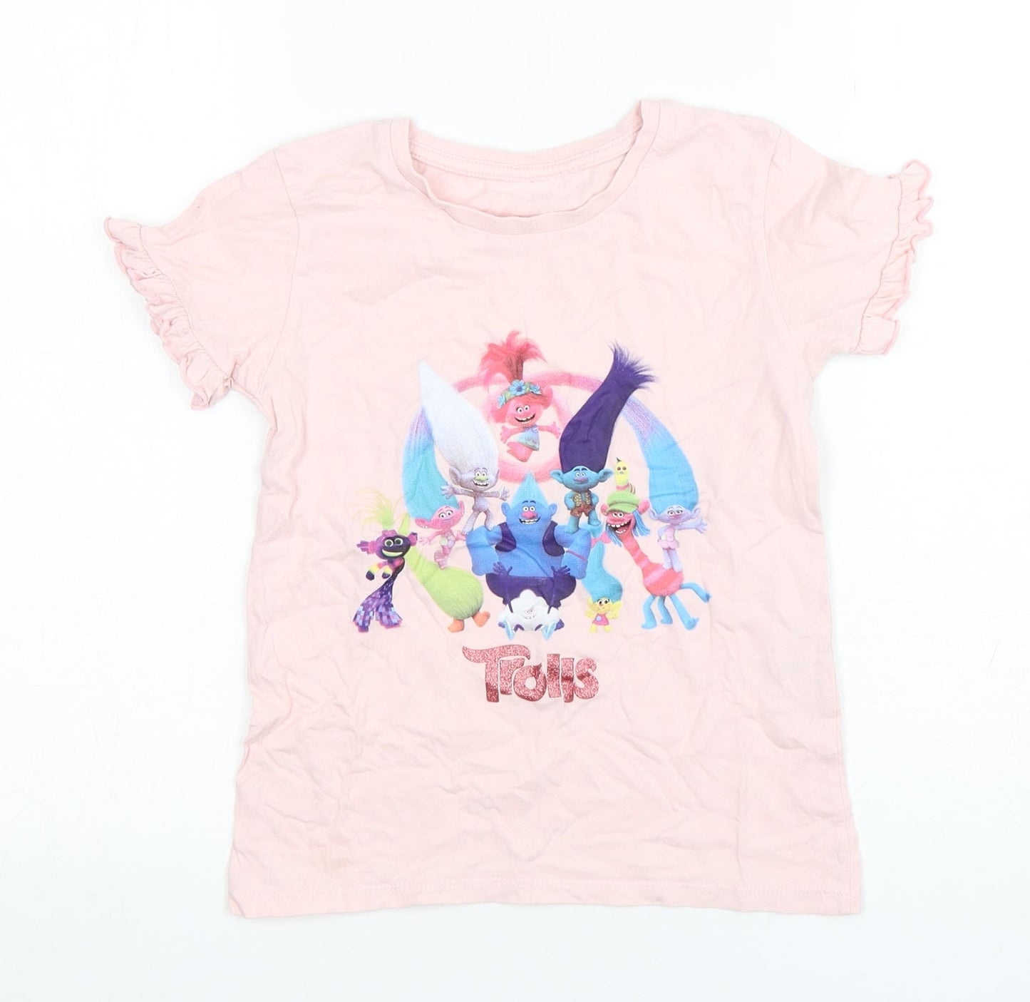 Primark Girls Pink  Cotton Basic T-Shirt Size 7-8 Years Round Neck Pullover - Trolls