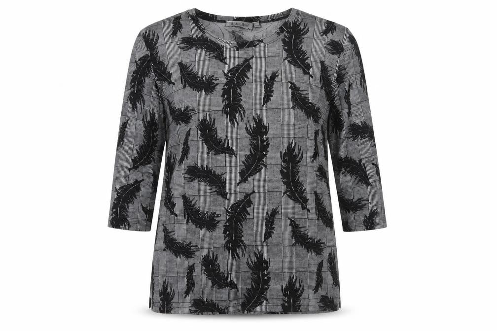 Bicalla  Womens Black Houndstooth Viscose Jersey T-Shirt Size L Scoop Neck - Feather pattern