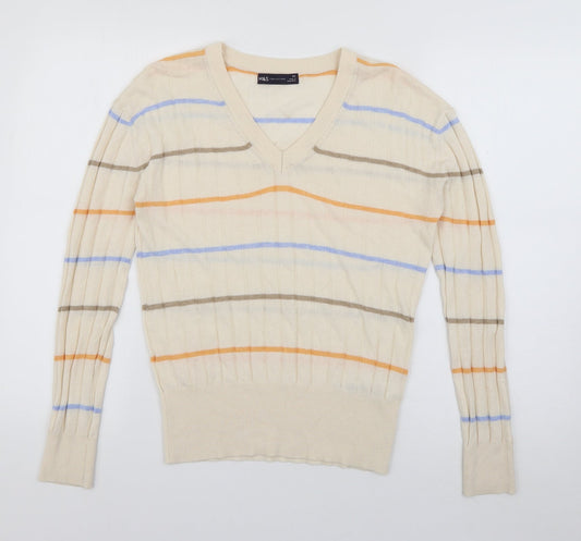 Marks and Spencer Womens Ivory V-Neck Striped Viscose Pullover Jumper Size XS