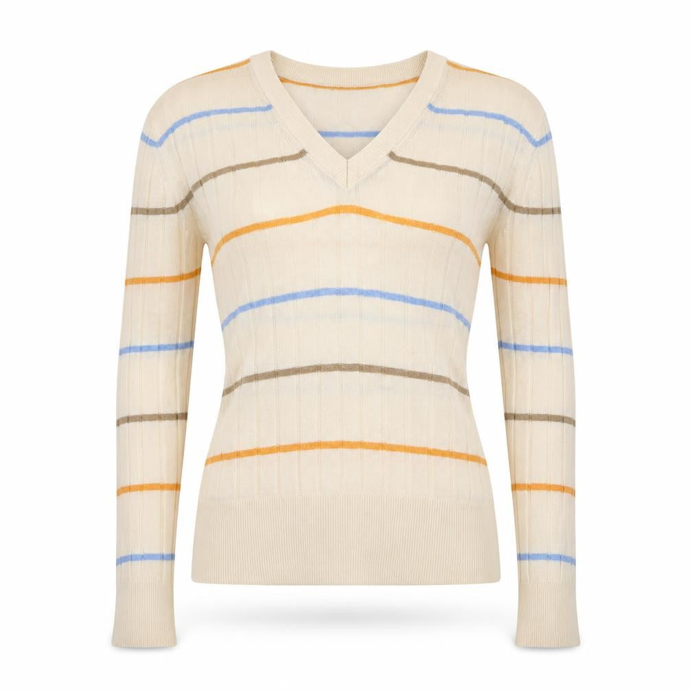 Marks and Spencer Womens Ivory V-Neck Striped Viscose Pullover Jumper Size XS