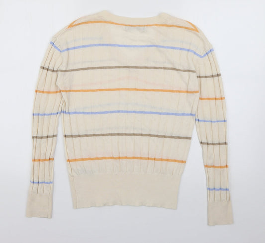 Marks and Spencer Womens Ivory V-Neck Striped Viscose Pullover Jumper Size XS