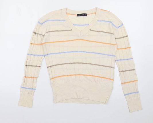 Marks and Spencer Womens Ivory V-Neck Striped Viscose Pullover Jumper Size S