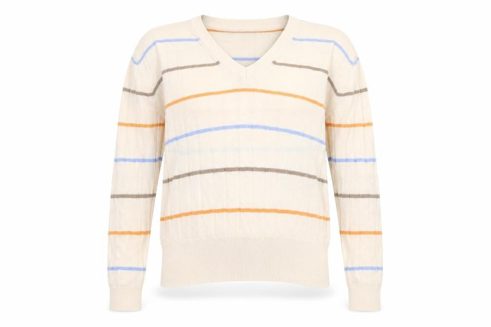 Marks and Spencer Womens Ivory V-Neck Striped Viscose Pullover Jumper Size S