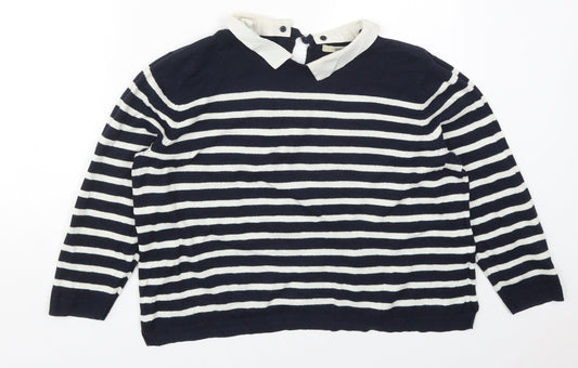 Oasis Womens Blue Collared Striped Cotton Pullover Jumper Size L