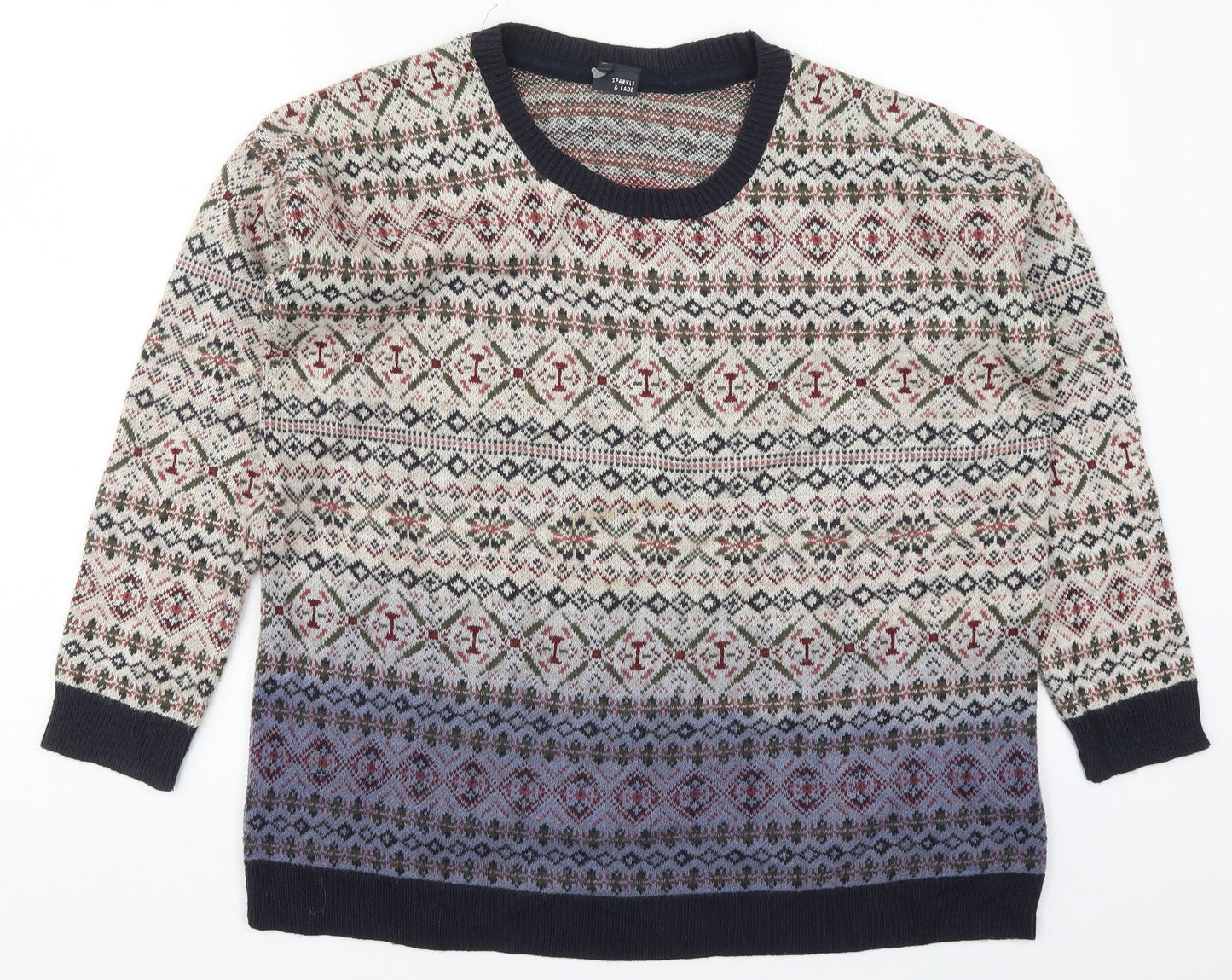 Sparkle & Fade Womens Beige Round Neck Geometric Acrylic Pullover Jumper Size S   - Blue
