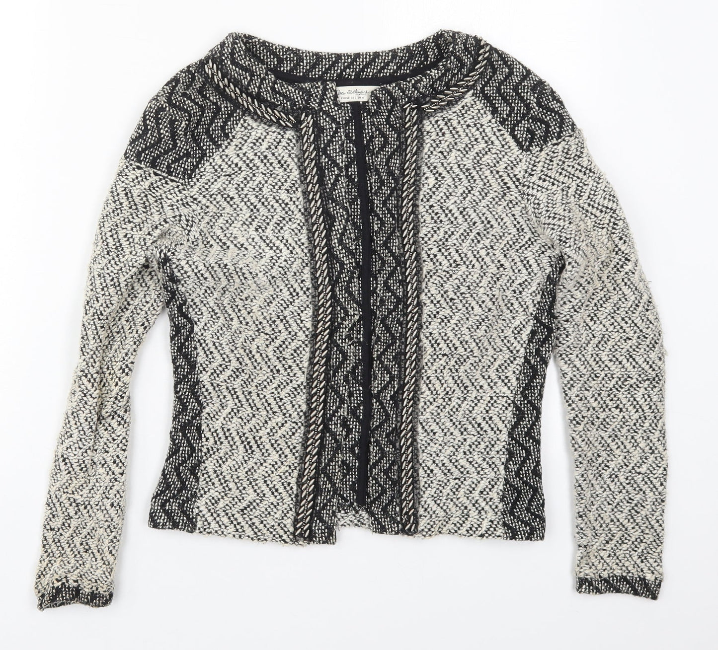 Miss Selfridge Womens Grey Round Neck Geometric Cotton Cardigan Jumper Size 4