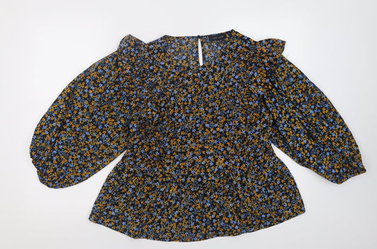New Look Womens Yellow Floral Polyester Basic Blouse Size 14 Crew Neck