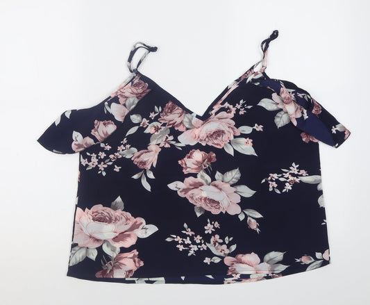 Shien Womens Purple Floral Polyester Basic Tank Size L V-Neck