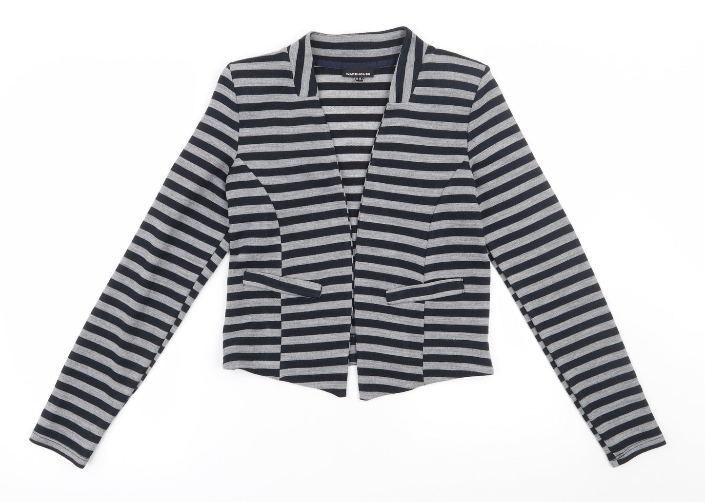 Warehouse Womens Grey V-Neck Striped Acrylic Cardigan Jumper Size 10
