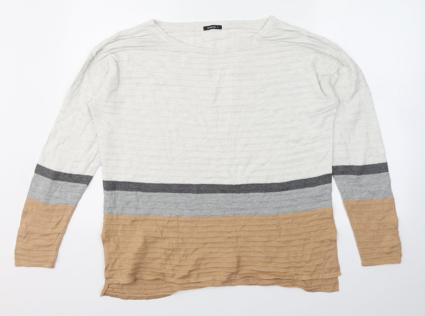 Roman Womens White Round Neck Striped Acrylic Pullover Jumper Size 16