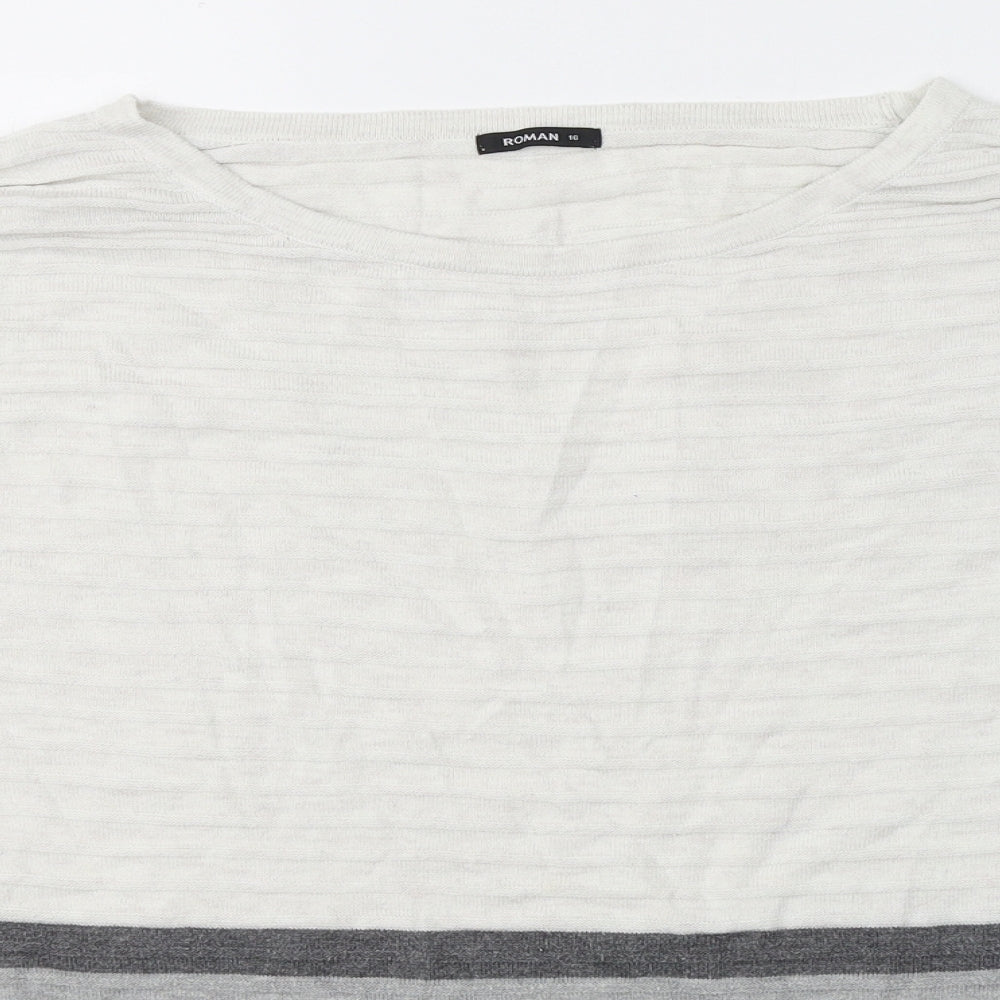 Roman Womens White Round Neck Striped Acrylic Pullover Jumper Size 16