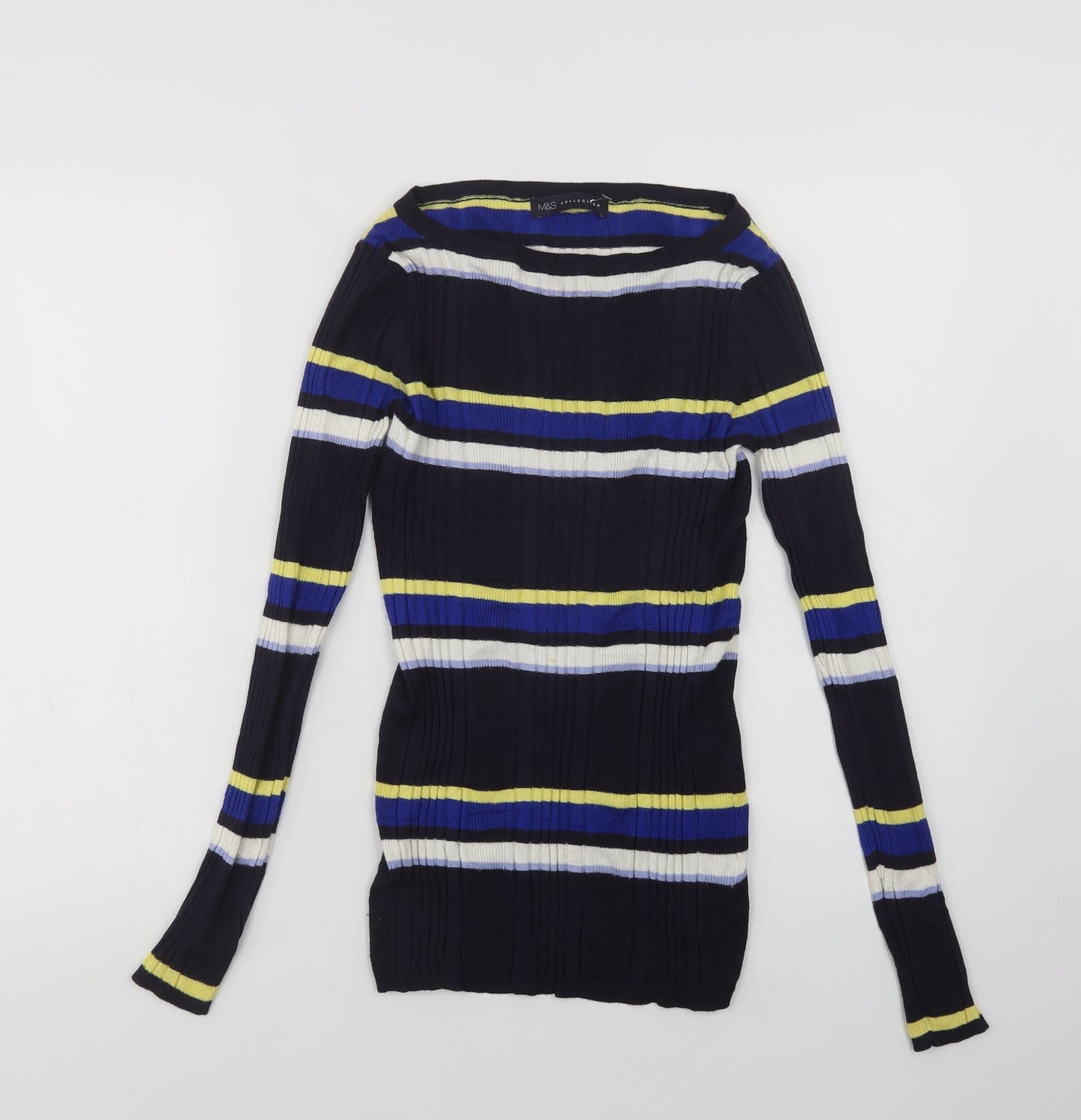 Marks and Spencer Womens Blue Boat Neck Striped Viscose Pullover Jumper Size 10