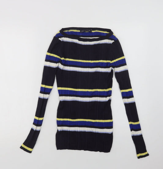 Marks and Spencer Womens Blue Boat Neck Striped Viscose Pullover Jumper Size 10