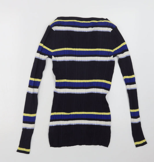 Marks and Spencer Womens Blue Boat Neck Striped Viscose Pullover Jumper Size 10