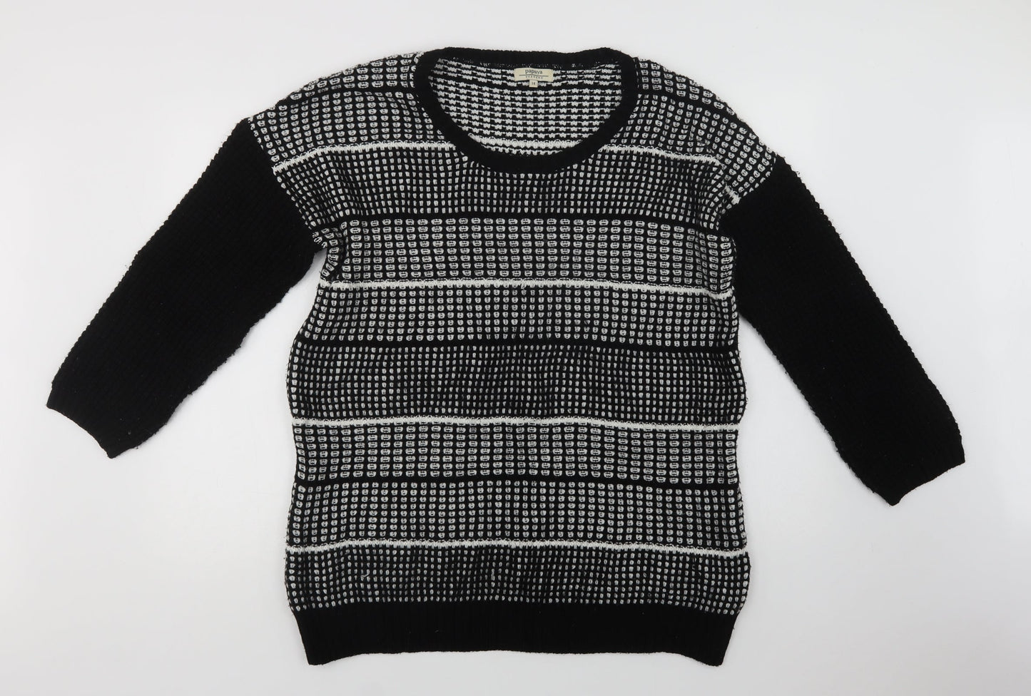 Papaya Womens Black Crew Neck Geometric Acrylic Pullover Jumper Size 14