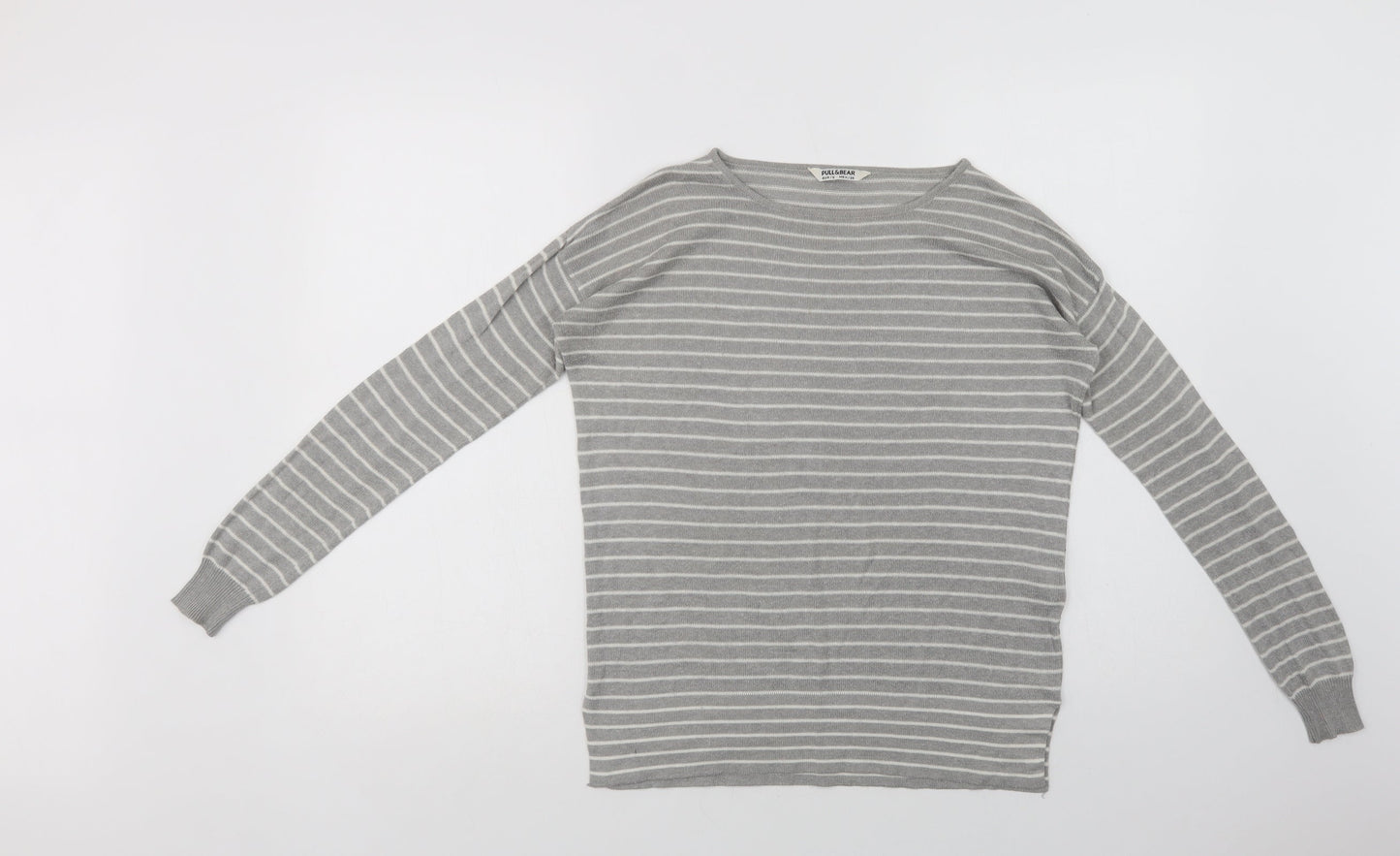 Pull & Bear Womens Grey Crew Neck Striped Acrylic Pullover Jumper Size S